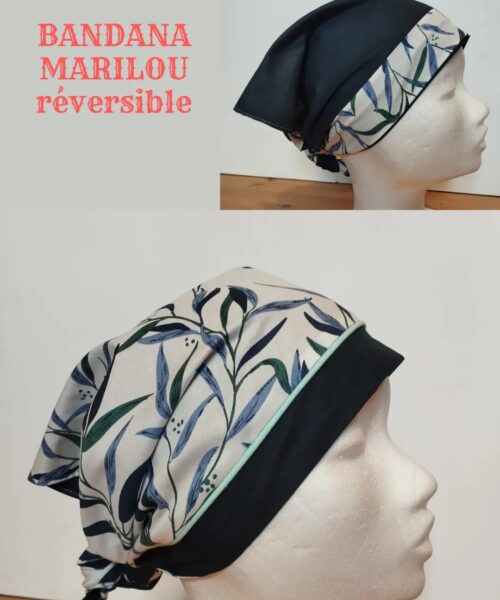 le Bandana Marilou Tropical (réversible) : un côté est noir uni, l'autre est orné d'un motif feuillage vert et bleu.